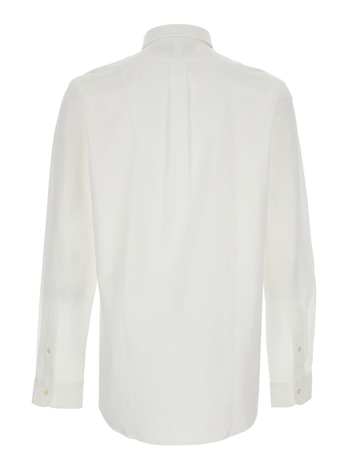 Slim Fit White Shirt With Button-Down Collar And Pony Embroidery On The Front Stretch Cotton For Men Blouses
