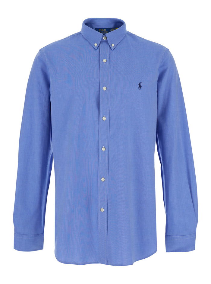 Slim Fit Light Blue Shirt With Button-Down Collar And Pony Embroidery On The Front Stretch Cotton For Men Blouses