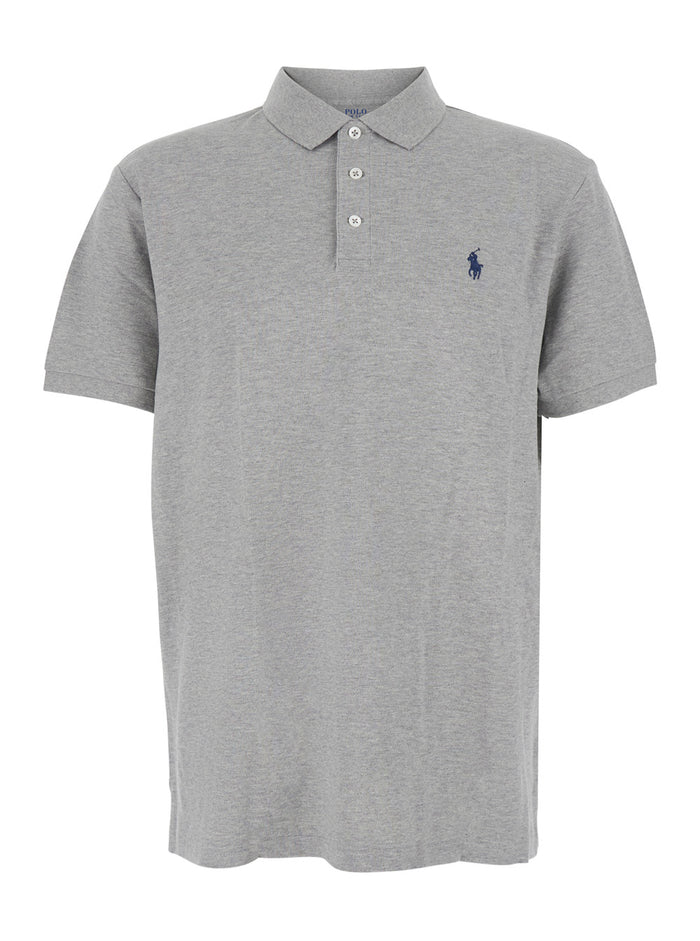 Custom Fit Gray Polo Shirt With Classic Collar And Pony Embroidery On The Front Cotton For Men Grey Tshirts