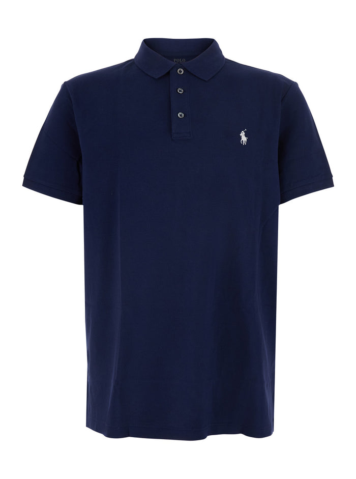 Custom Fit Blue Polo Shirt With Classic Collar And Pony Embroidery On The Front Cotton For Men Blu Tshirts
