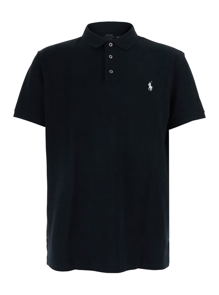 Custom Fit Black Polo Shirt With Classic Collar And Pony Embroidery On The Front Cotton For Men Tshirts