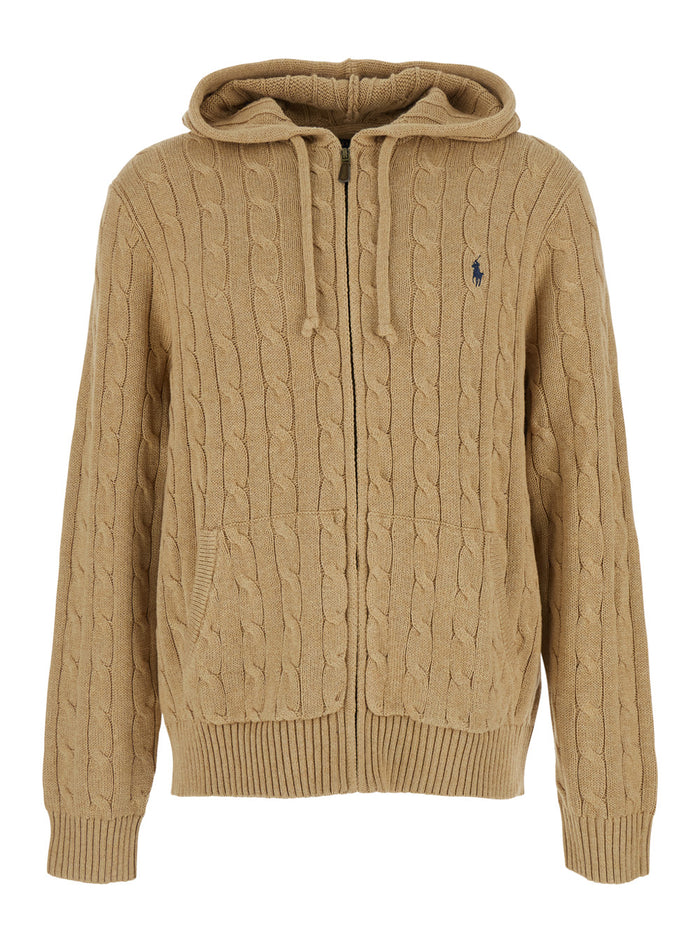 Long Sleeve-Pullover Cable Di Cotone Full Zip Beige Jersey