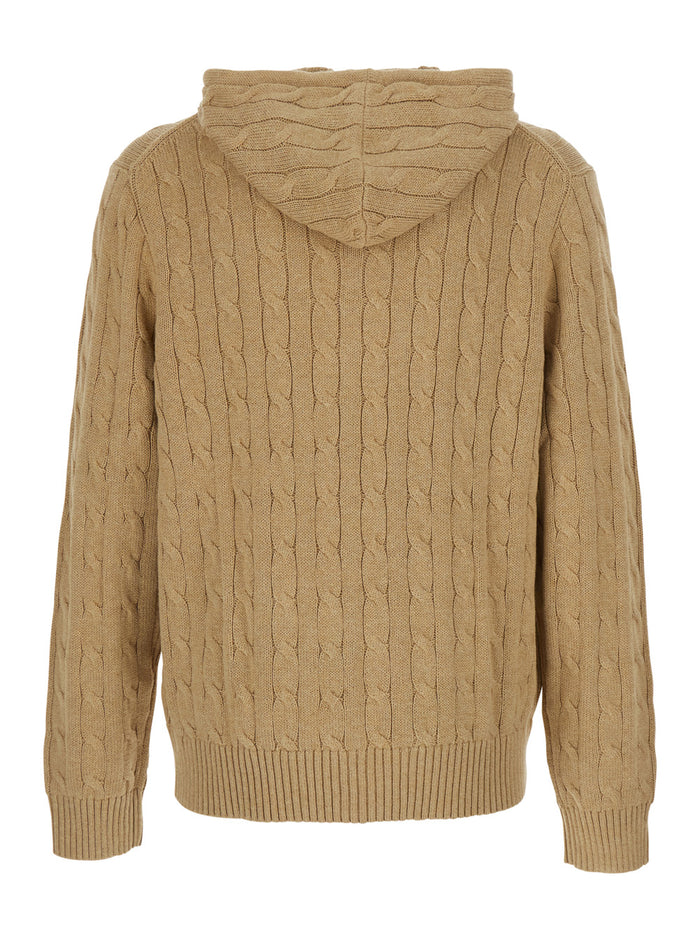 Long Sleeve-Pullover Cable Di Cotone Full Zip Beige Jersey