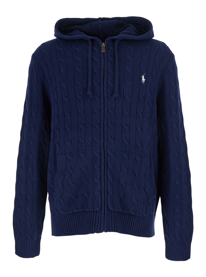 Long Sleeve-Pullover Cable Di Cotone Full Zip Blu Jersey