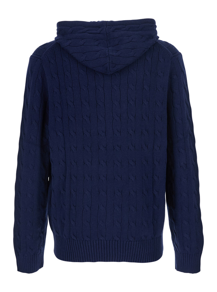 Long Sleeve-Pullover Cable Di Cotone Full Zip Blu Jersey