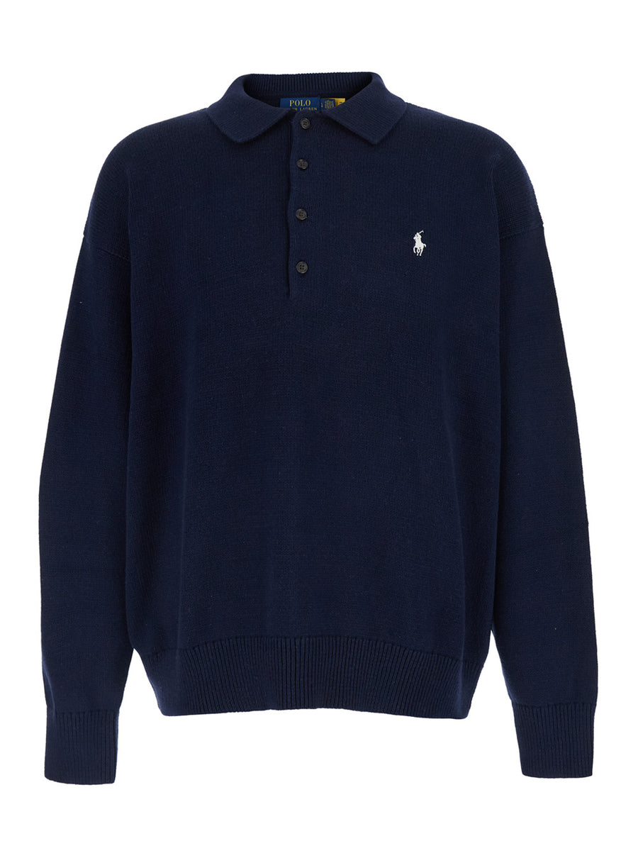 Sweater With Polo Collar, Blue Cotton