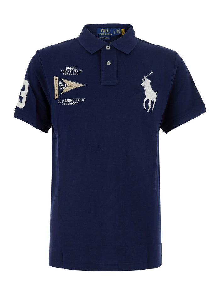 Custom Fit Blue Polo Shirt With Maxi Pony On The Front And Numeric Logo Sleeve Cotton For Men Blu Tshirts