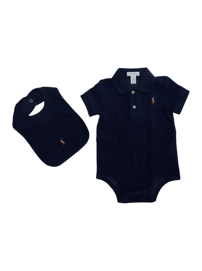 Blue Onesie And Bib Set With Pony On The Front Cotton Baby Blu Suits