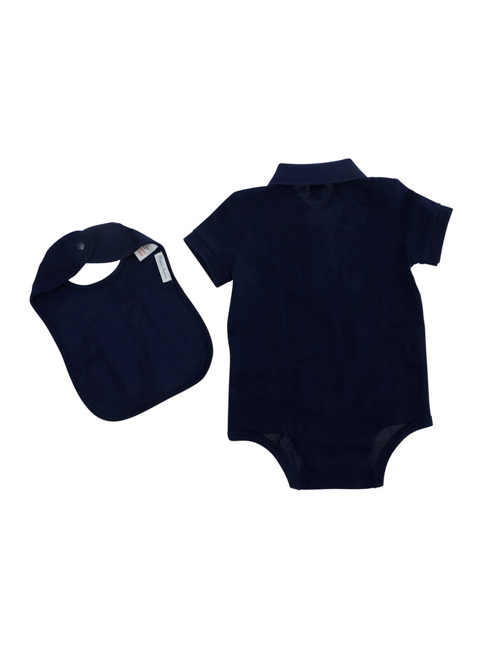 Blue Onesie And Bib Set With Pony On The Front Cotton Baby Blu Suits