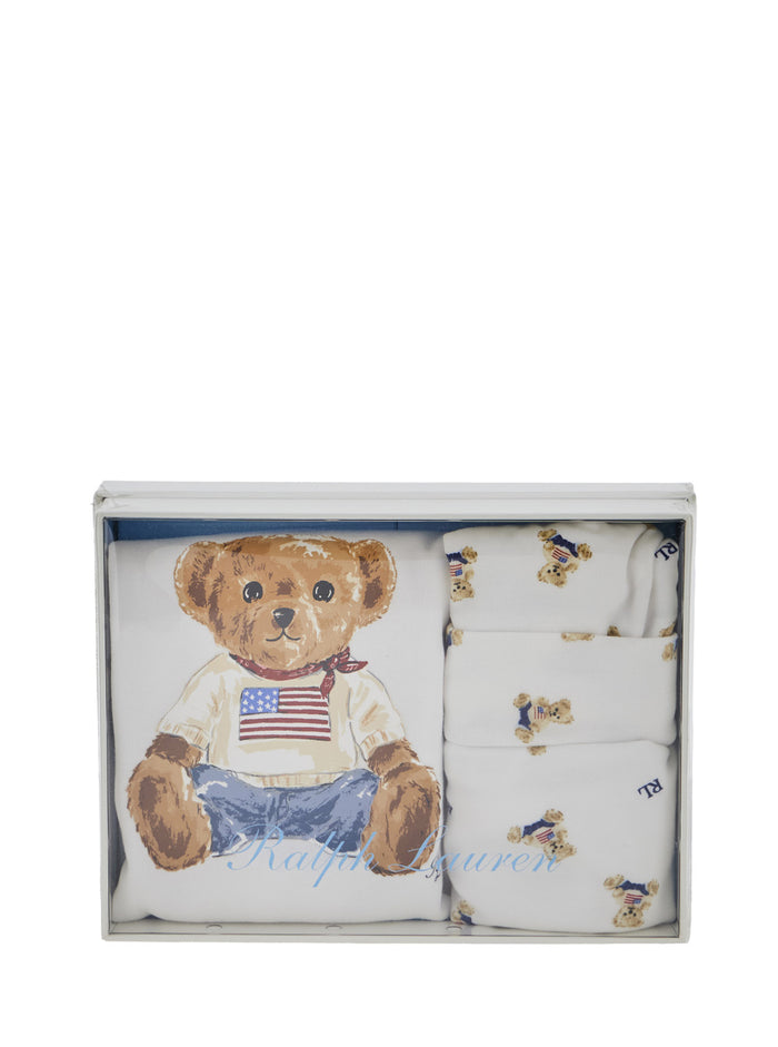 Baby Romper Set With Matching Hat And Bib Bear All-Over Print White Cotton Suits