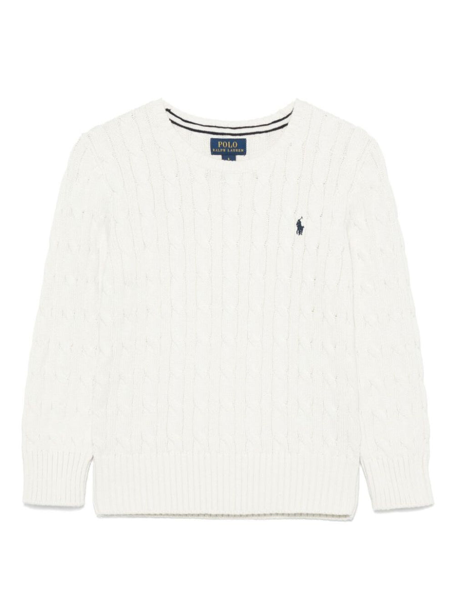 Sweater Cable-Knit White Cotton Pony Embroidery Tops