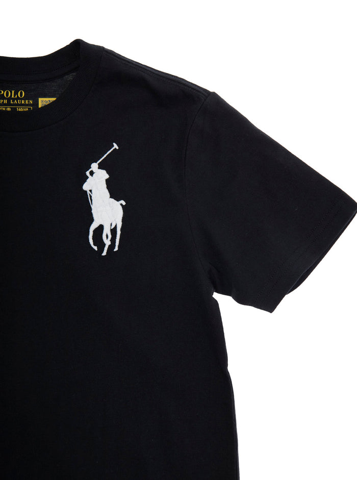 Black Crew Neck T-Shirt With Pony Embroidery On The Front Cotton Boy Tshirts And Polo Shirts