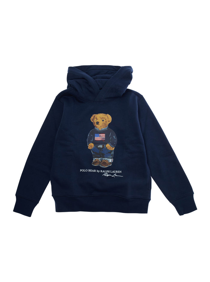 Blue Hoodie With Fixed Hood And Polo Bear Print On The Front Cotton Blend Boy Blu Recycled Polyester Sweatshirts