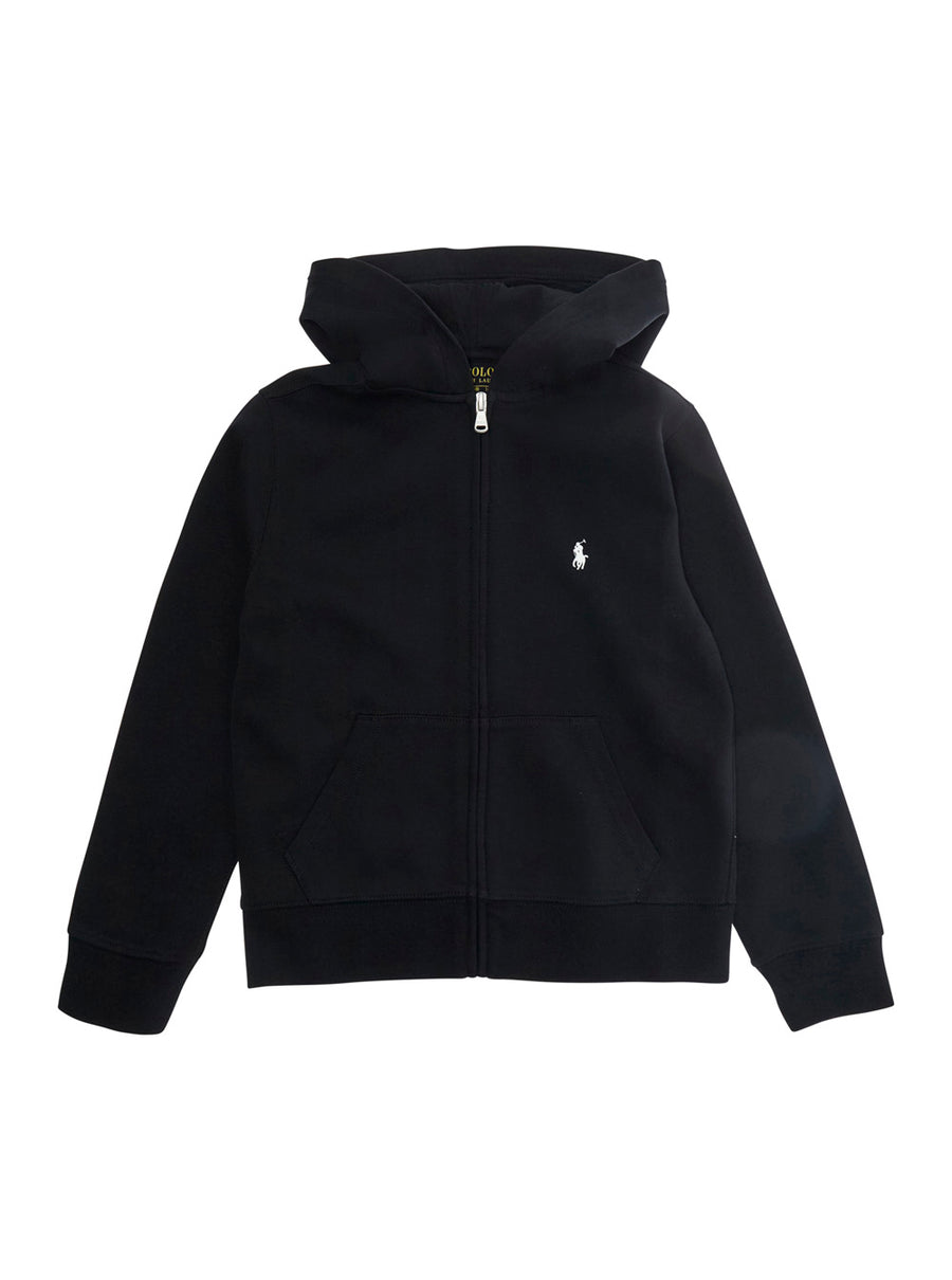 Hooded Sweatshirt With Pony Embroidery, Black Cotton Hoods & Sweatshirts