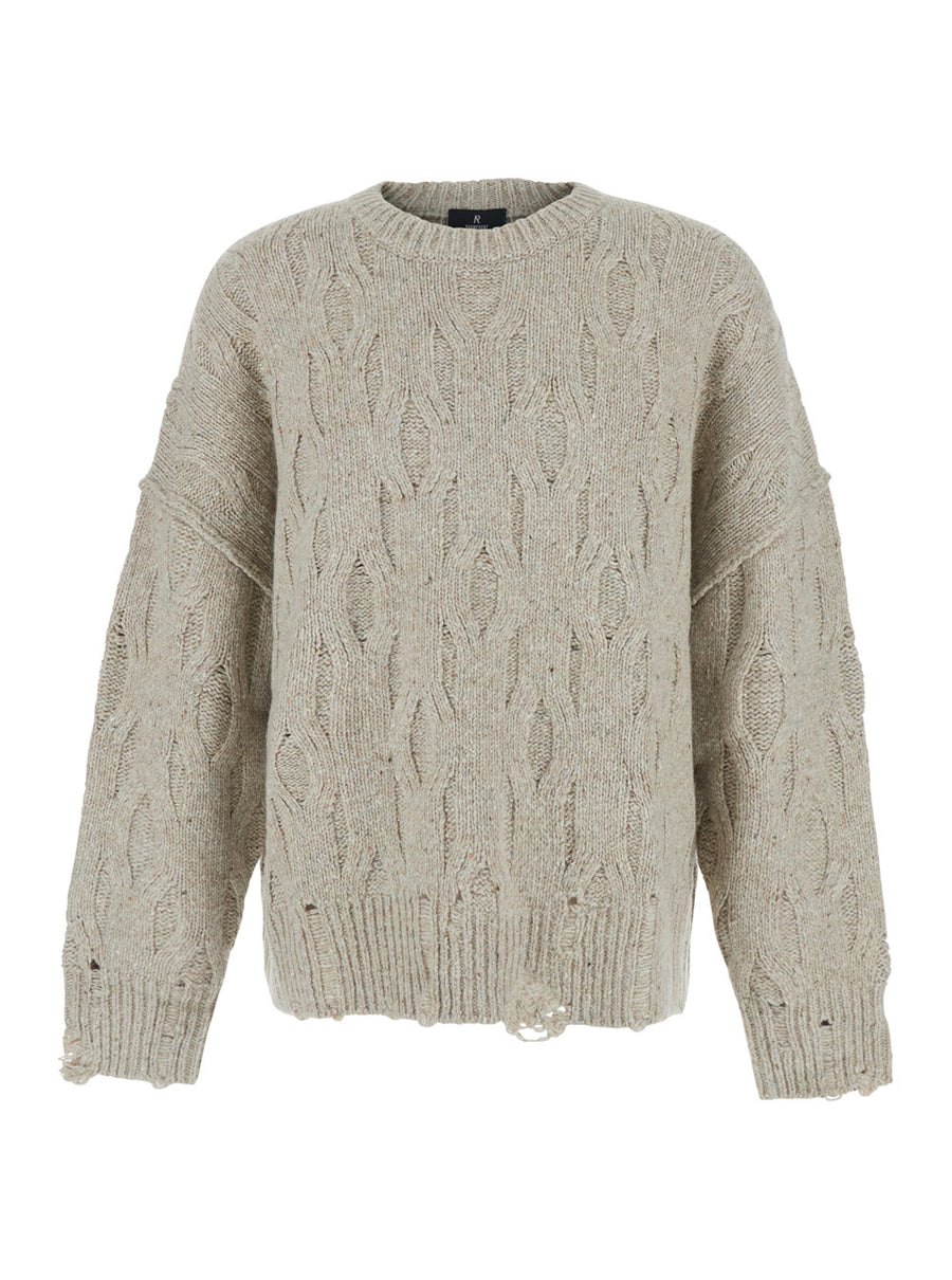 Distress Knit Sweater Beige Acrylic Tops