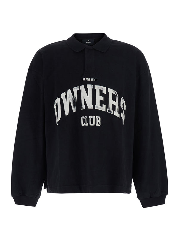 Sweatshirt With Polo Collar, Black Cotton Sweatshirts