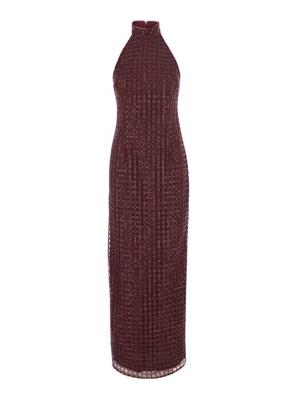Dress Halterneck Sequin Burgundy Polyester
