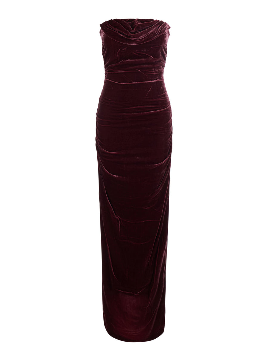 Silk Velvet Ruched Dress Bordeaux Viscose