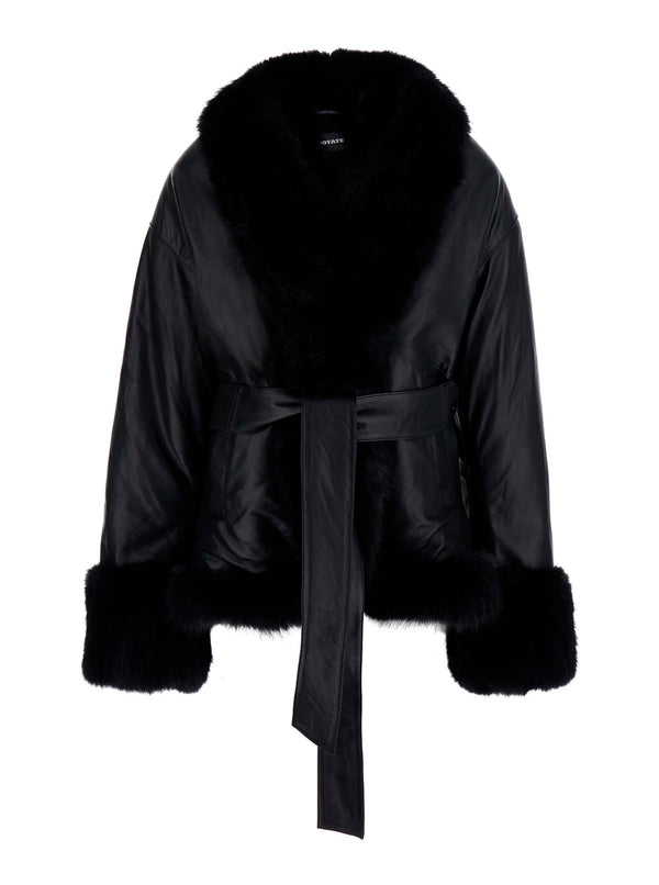 Black Leather Jacket With Eco-Fur Inserts Lamb Coat