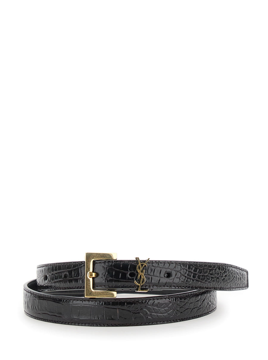 Belt With Cassandre Detail, Brown Croco Leather Croco-printed