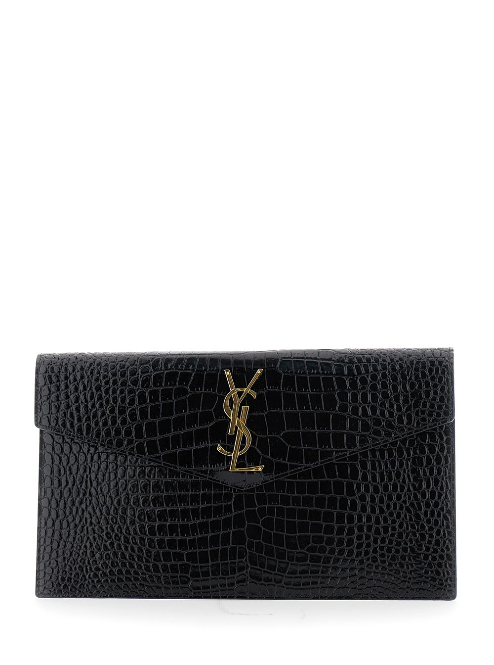 Clutch Logo With Plate On The Front Black Leather For Women Calf Clutches And Pochettes
