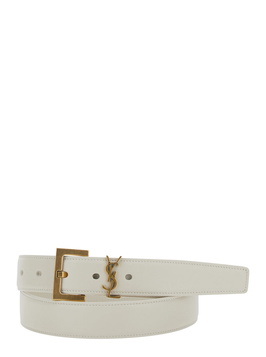 Belt With Logo Plate, White Leather Calf