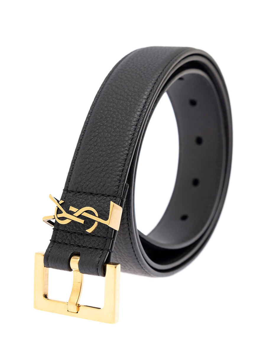 Leather Belt, Black With Gold Buckle Calf