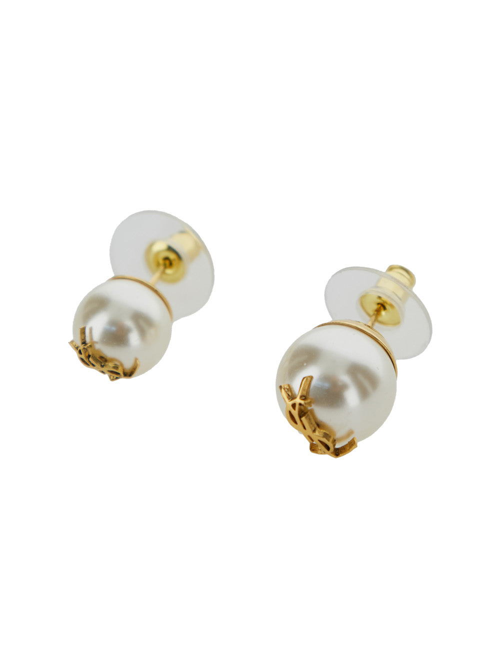 Asymmetric Earrings With A Large Pearl And Small One Metal Ysl Logo Metallic Brass