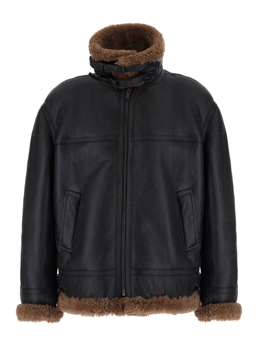 Jacket Shearling-Lined Leather Brown Coat