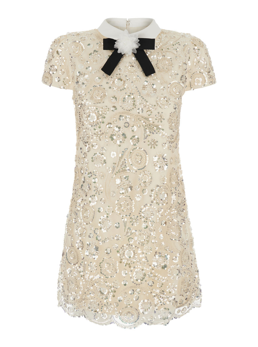 Mini Dress With Sequins Beige Polyester