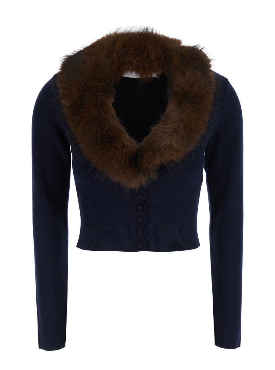 Knit Cardigan With Synthetic Fur Blue Wool Tops