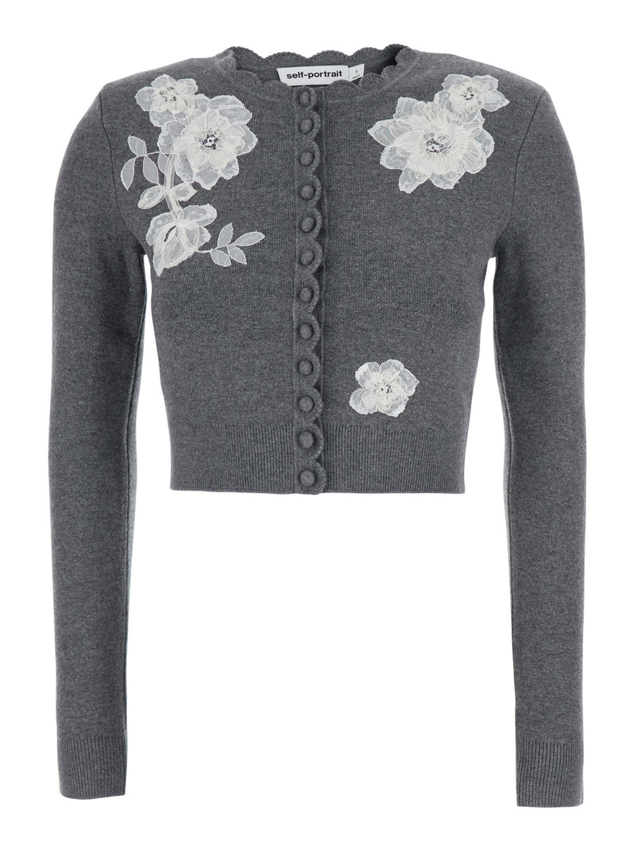 Wool Knit Cardigan With Floral Lace Grey Tops