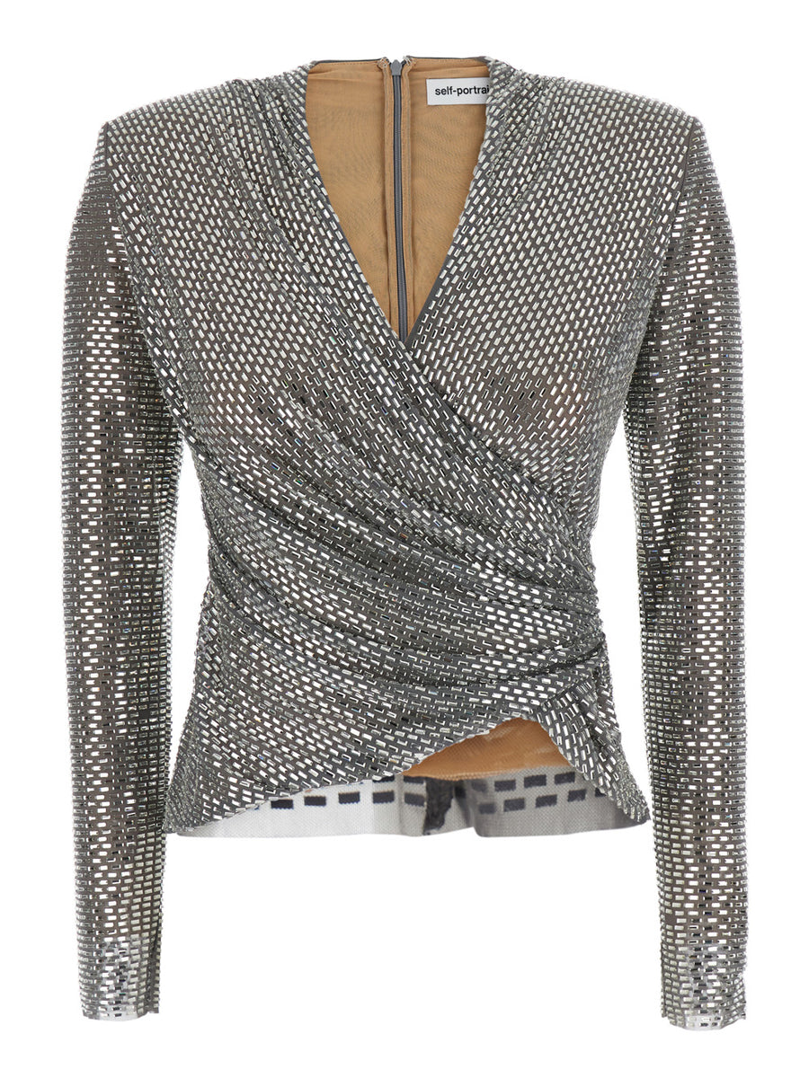 Mesh Top With Grey Rhinestones Polyester Tops