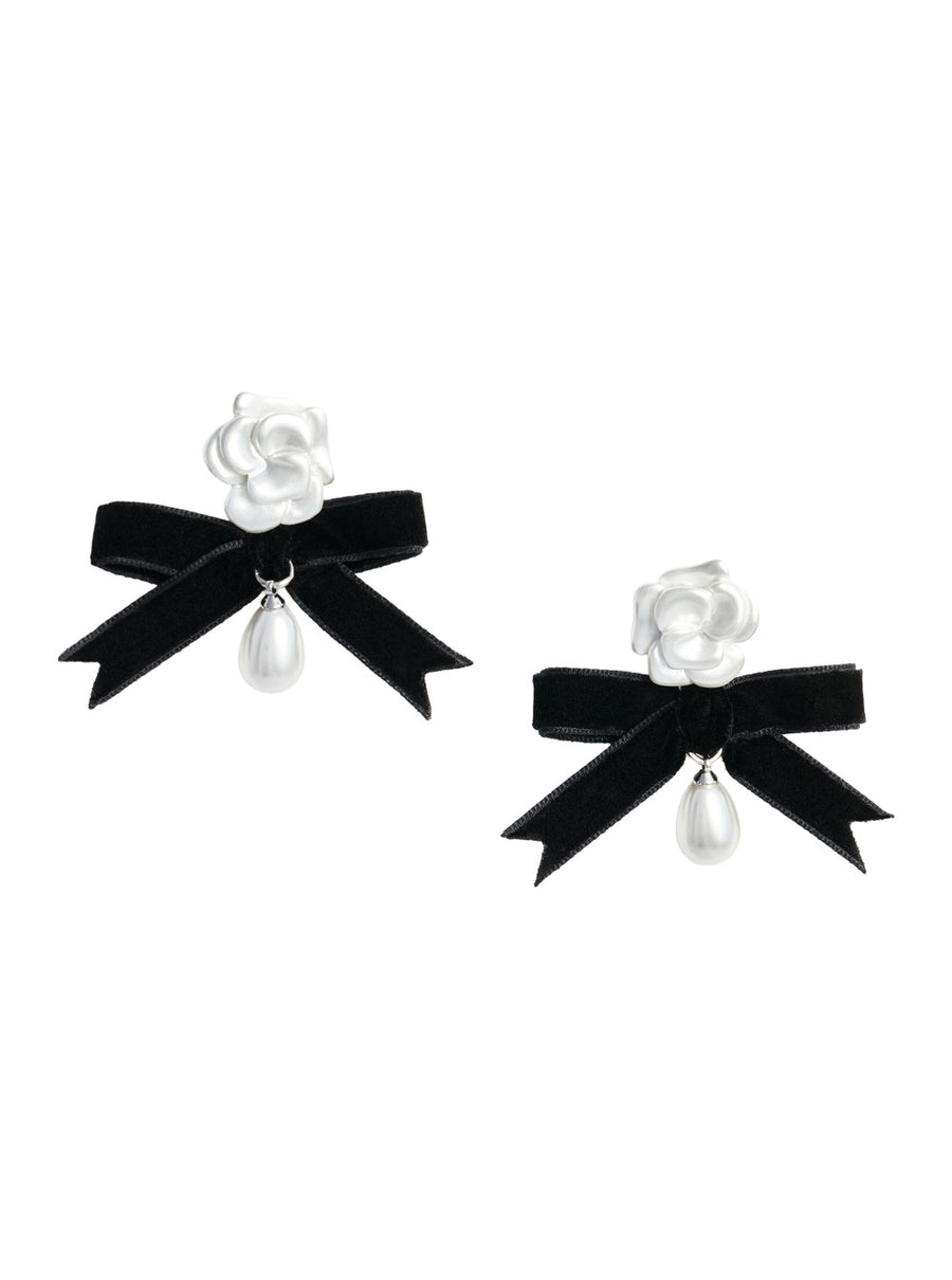 Pearl Black Bow Earrings White Brass