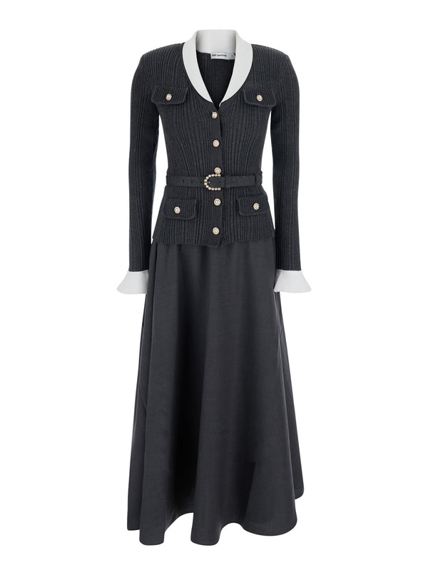 Long Dress With V-Neck Grey Tech Fabric And Cotton