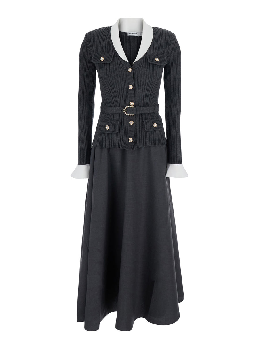 Long Dress With V-Neck Grey Tech Fabric And Cotton