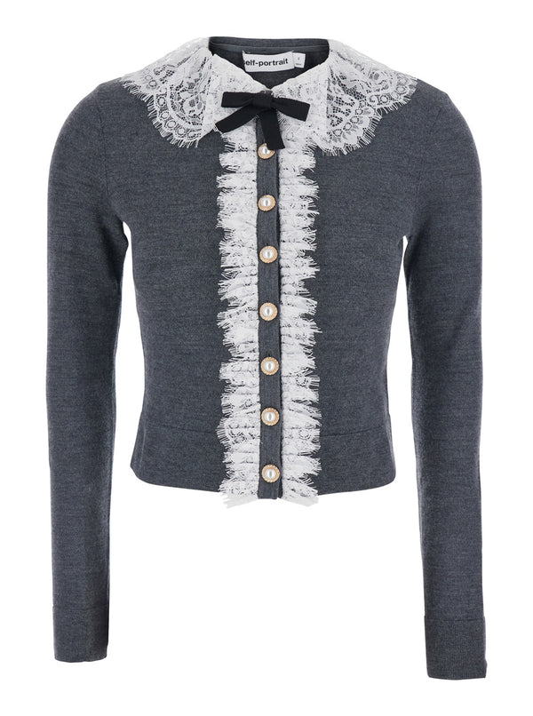 Cardigan With Lace Collar, Grey Wool Tops