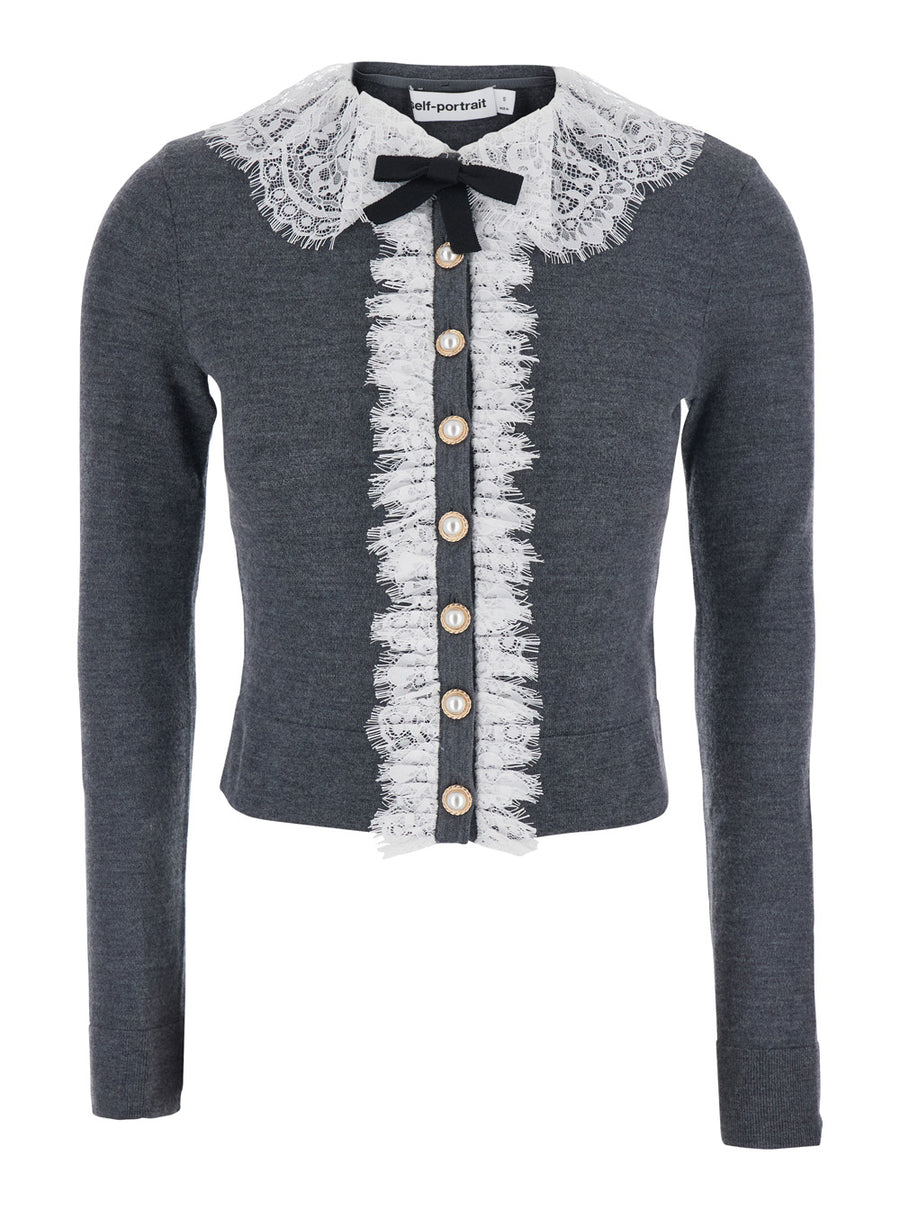 Cardigan With Lace Collar, Grey Wool Tops
