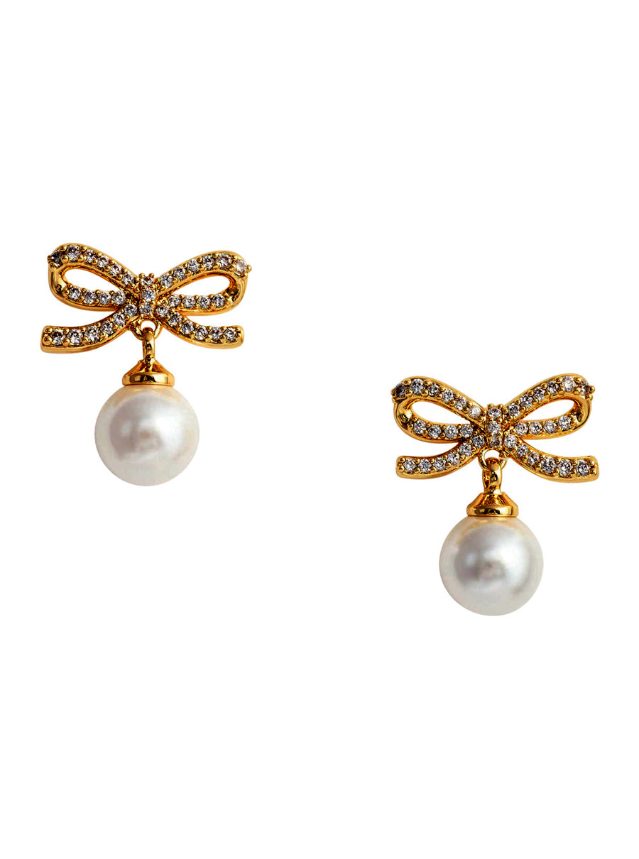 Earrings With Bow And Pearl, Gold-Coloured Metallic