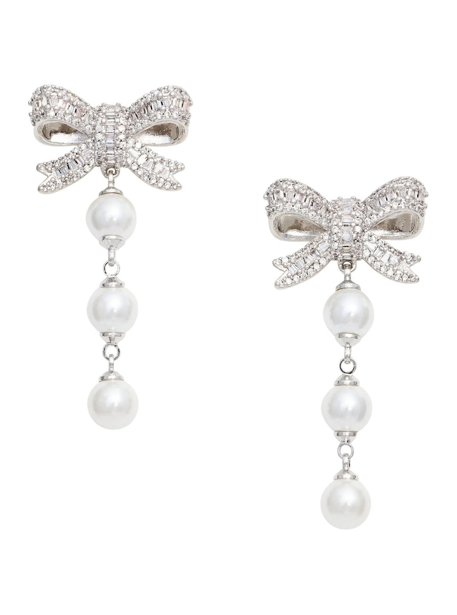 Drop Earrings With Bow And Pearls, Metallic Metal