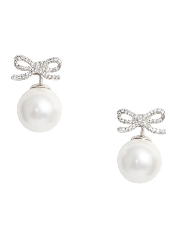 Stud Earrings With Bow And Pearl, Metallic