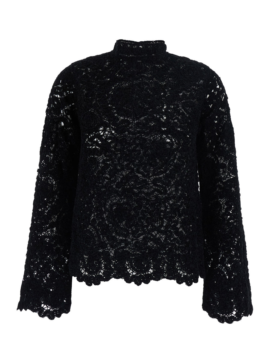 Lace Pull With Details Black Fabric And Tops