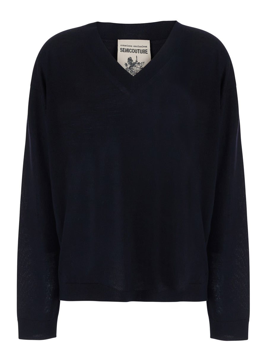 V-Neck Sweater Jade Blue Virgin Wool Tops