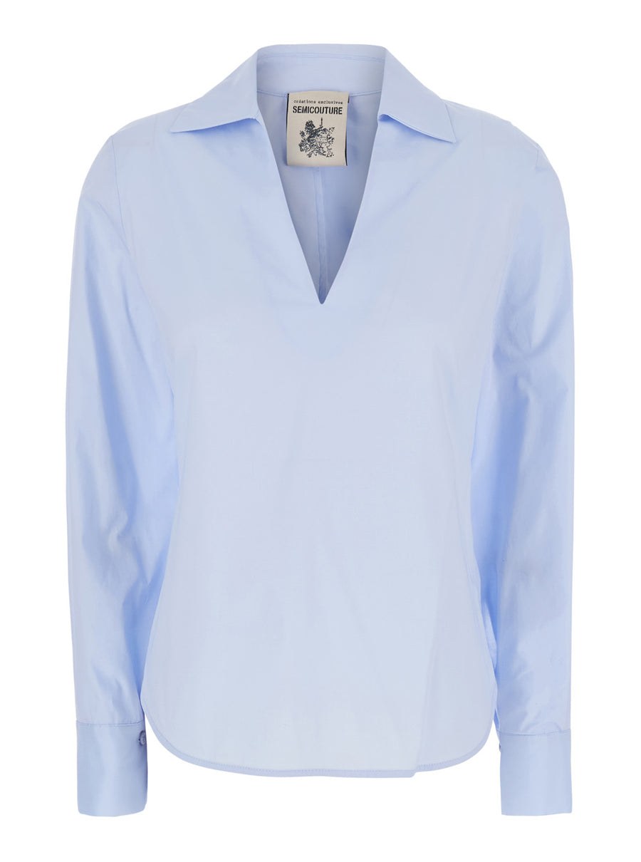 Shirt With V-Neck, Blue Cotton Blouses