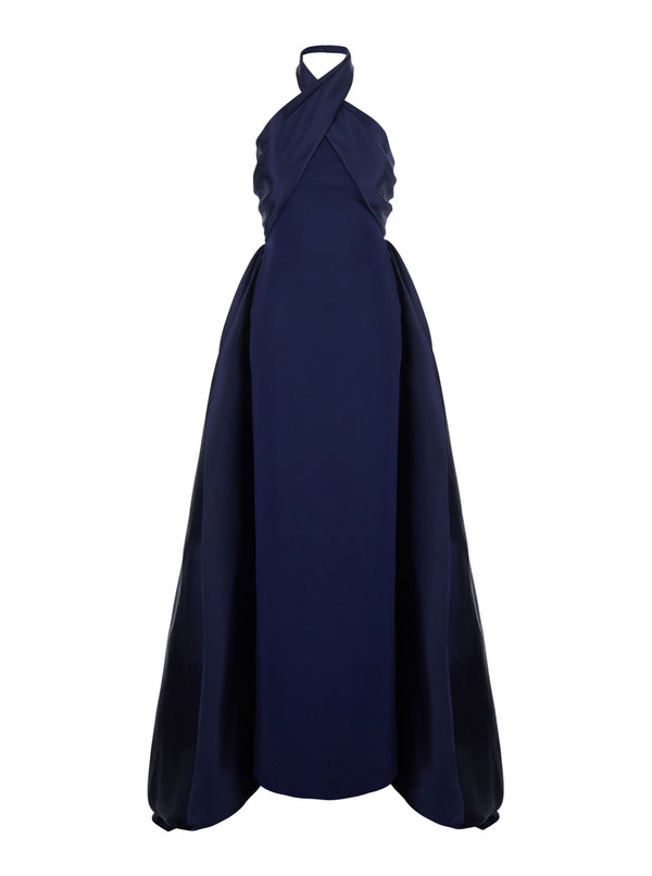 Long V-Neck Dress Blue Fabric Polyester