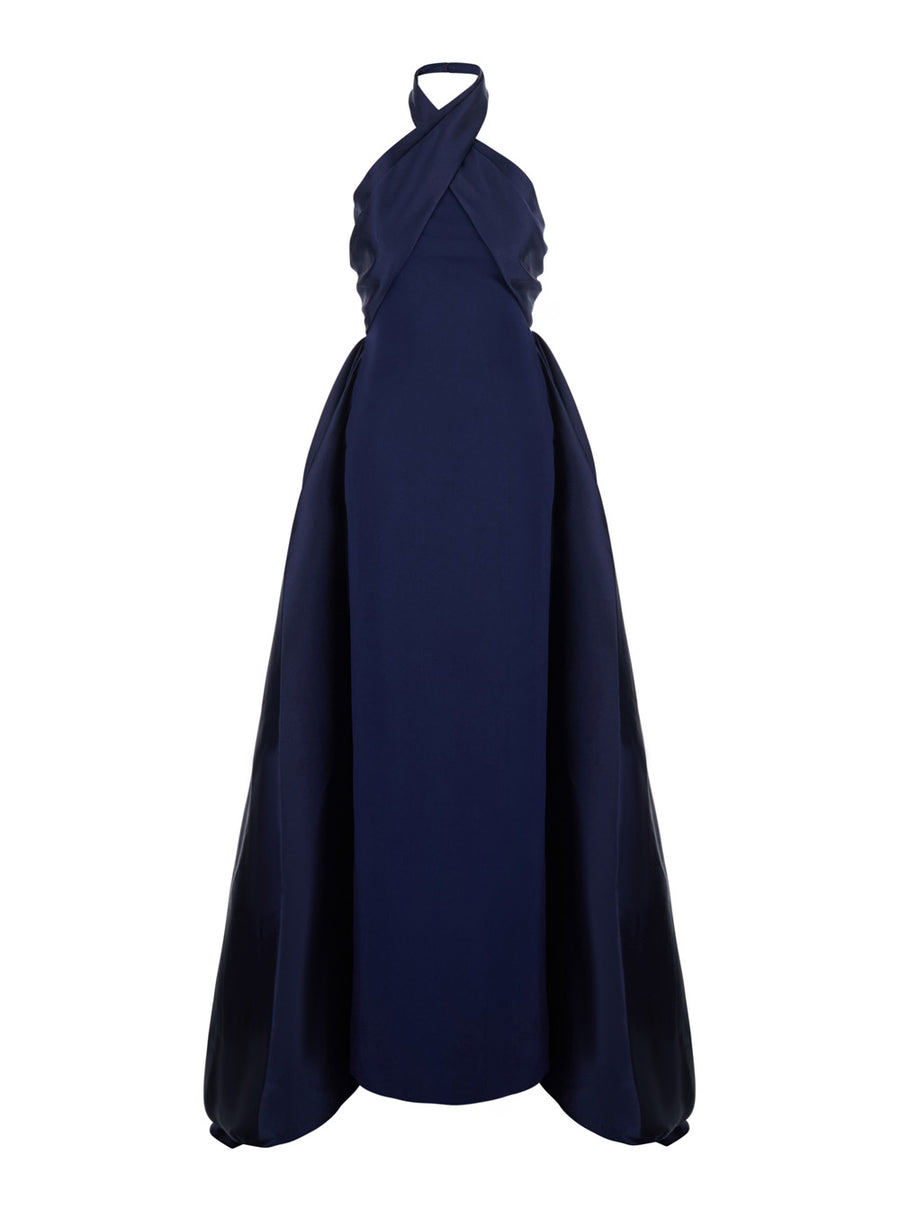 Long V-Neck Dress Blue Fabric Polyester