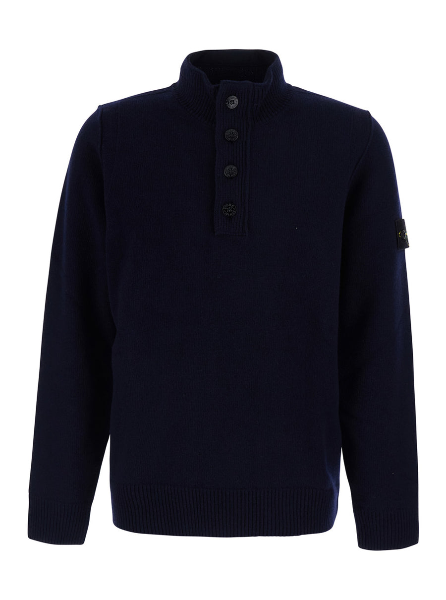 High-Neck Wool Sweater Blue Tops