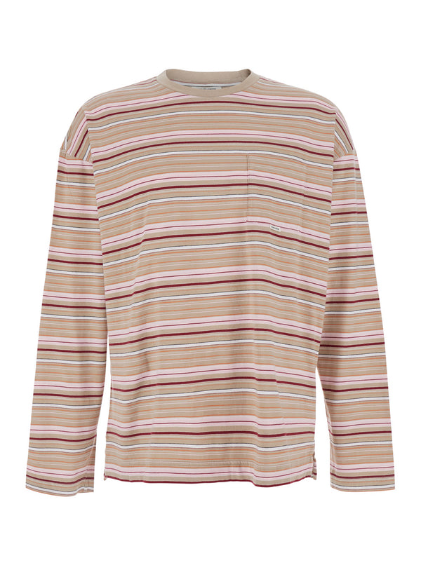 T-Shirt Stripe Ls Pocket Beige Cotton