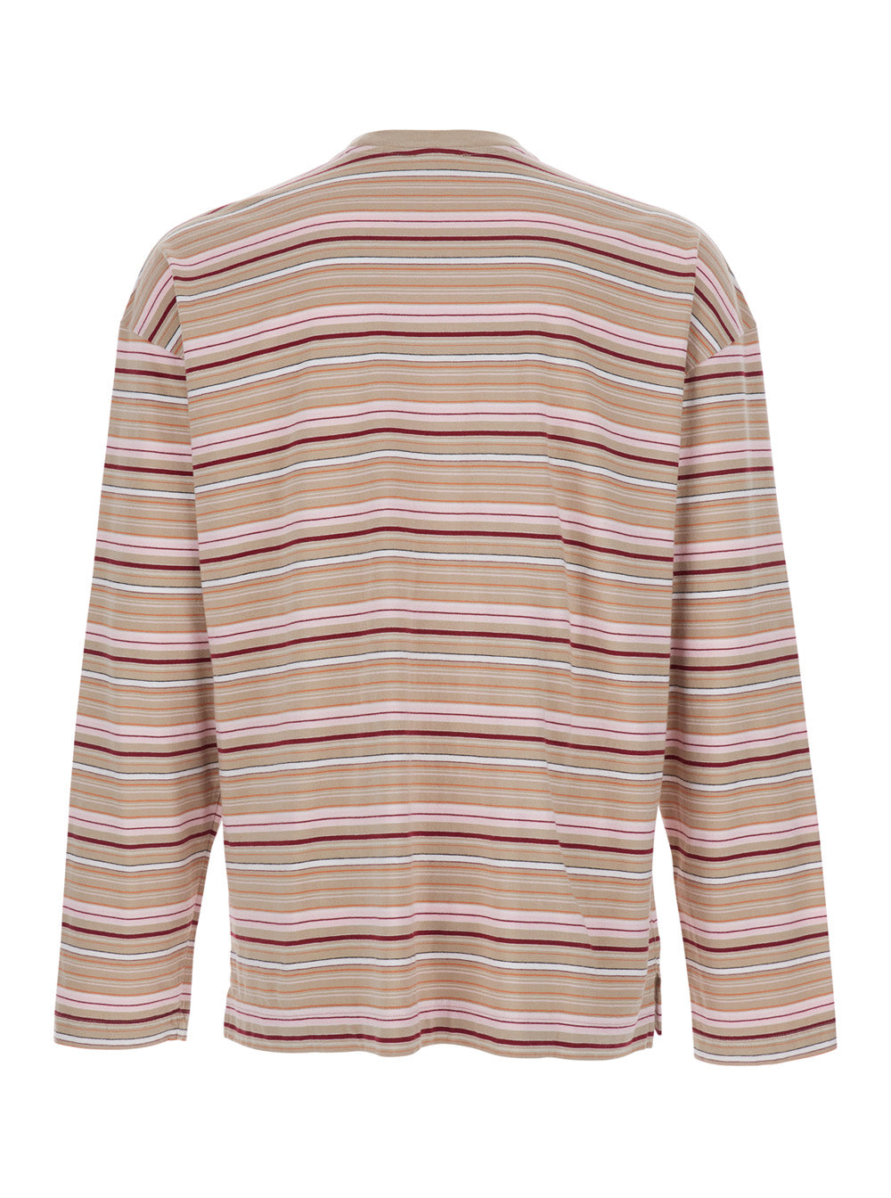 T-Shirt Stripe Ls Pocket With And Long Sleeves Beige Cotton Unisex Jersey