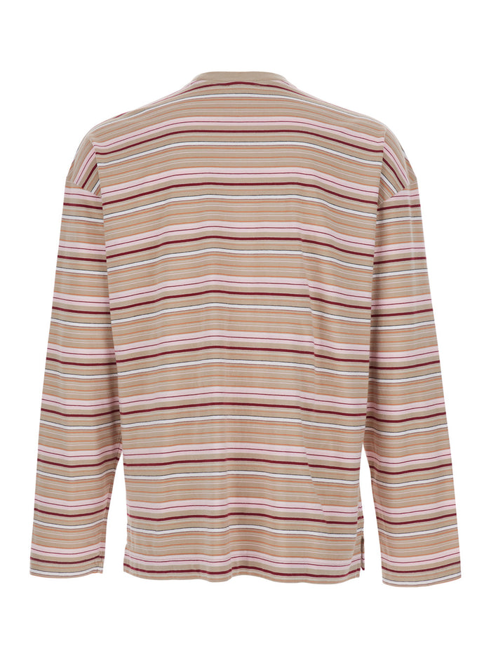 T-Shirt Stripe Ls Pocket With And Long Sleeves Beige Cotton Unisex Jersey